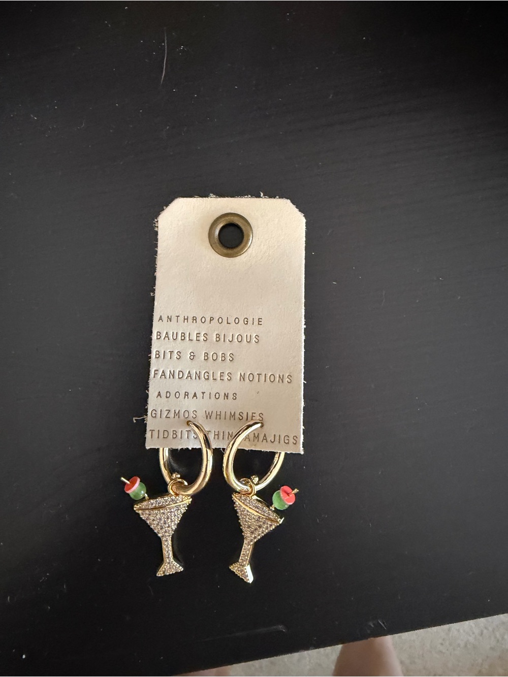 Anthropologie Gold Martini Glass Hoop Earrings with Green & Red Accents